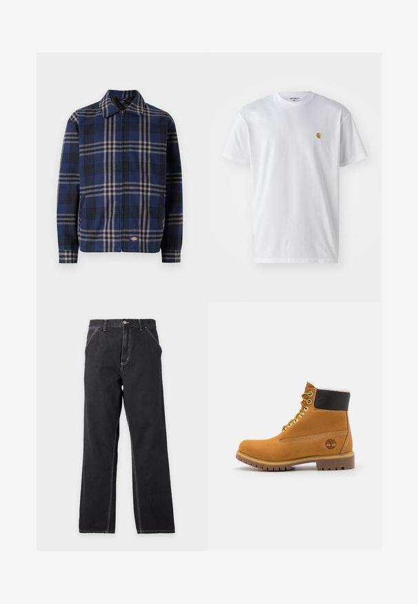 Chaqueta a cuadros en azul marino, negro y beige. Presenta un cuello con solapa, cremallera frontal y puños elásticos con un logo en el lado inferior.; Camiseta de algodón blanca con mangas cortas, cuello redondo, que presenta un pequeño logo dorado en la parte izquierda del pecho. Textura suave y corte regular.; Vaqueros negros de pierna recta con bolsillos delanteros, trabillas para el cinturón y costuras blancas visibles sobre un fondo liso gris claro.; Botín de cuero marrón con ojales de metal, forro de piel sintética blanca, cuello acolchado negro, suela resistente y logotipo en relieve en el costado.
