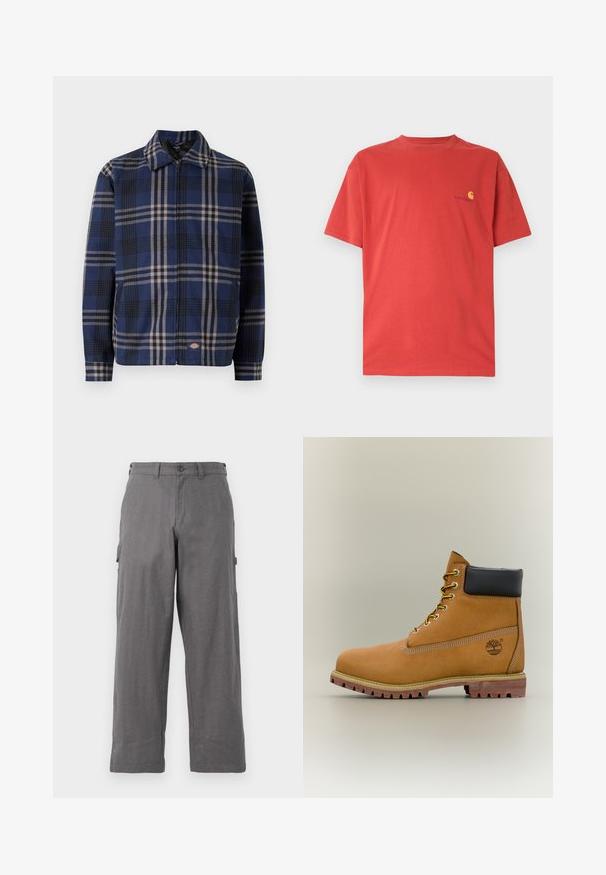 Chaqueta a cuadros en azul marino, negro y beige. Presenta un cuello con solapa, cremallera frontal y puños elásticos con un logo en el lado inferior.; Camiseta roja de algodón con cuello redondo, mangas cortas y un pequeño logo amarillo en el lado izquierdo del pecho. Textura suave, diseño casual.; Pantalones cargo grises con un diseño de pierna recta, hechos de tela duradera. Cuenta con bolsillos laterales y un cierre de botón en la cintura.; Bota de tobillo de cuero marrón con cuello negro, cordones amarillos y suela beige. Presenta un logotipo y detalles de costura blanca. Suela exterior con tracción robusta.