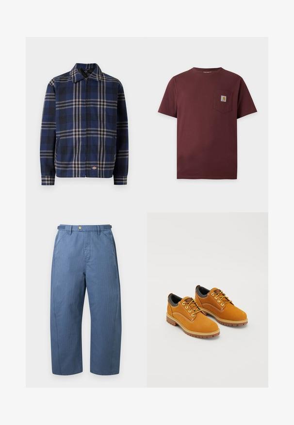 Rutet jakke i navy, sort og beige. Har krave, frontlynlås og elastiske manchetter med et logo på den nederste del.; Kortærmet mørkebrun t-shirt med brystlomme med en lille Carhartt logo patch.; Blå bukser med vide ben, forlommer, bæltestropper og knaplukning i taljen, vist på en ensfarvet baggrund.; Brune ruskindssko med rund tå, gule snørebånd, en polstret sort krave og gummisåler med skridsikre riller.