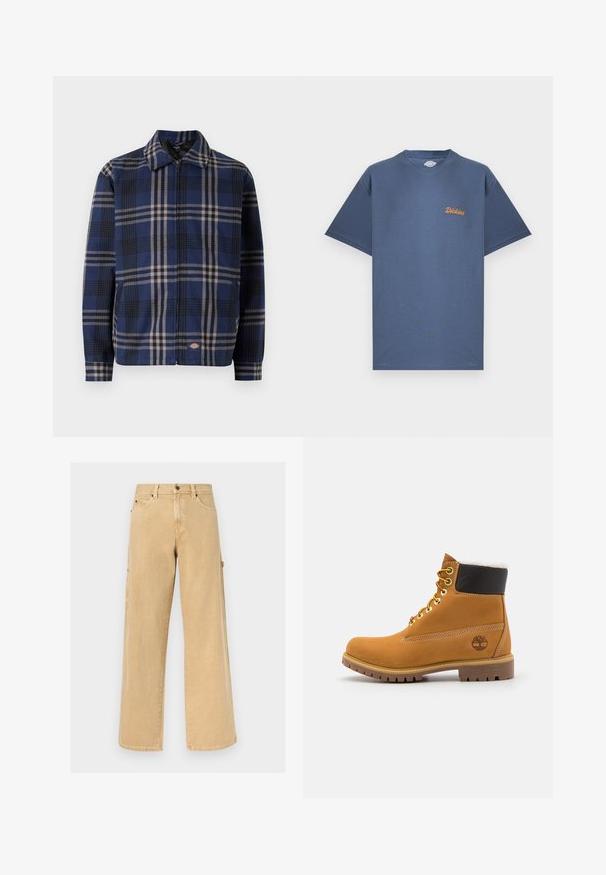 Karierte Jacke in Navy, Schwarz und Beige. Mit Kragen, Frontreißverschluss und elastischen Bündchen sowie einem Logo auf der unteren Seite.; Blaues T-Shirt mit kurzen Ärmeln und Rundhalsausschnitt, mit kleinem orangefarbenem "Dickies"-Logo auf der linken Brust, vor weißem Hintergrund dargestellt.; Beige Arbeitslatzhose mit geradem Bein, Gürtelschlaufen, Vorder- und Seitentaschen sowie einer Hammerschlaufe vor einfarbigem Hintergrund.; Braune Leder-Ankle-Boots mit Metallösen, weißem Kunstfellfutter, schwarzem gepolstertem Kragen, robustem Sohlenprofil und geprägtem Logo an der Seite.