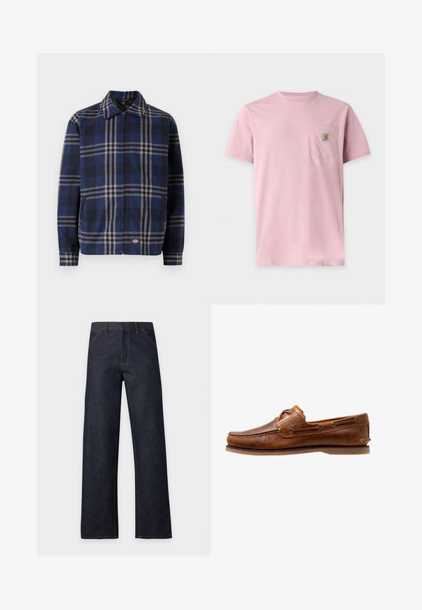 Rutet jakke i navy, sort og beige. Har krave, frontlynlås og elastiske manchetter med et logo på den nederste del.; Ensfarvet lyserød t-shirt med korte ærmer og en brystlomme med et lille rektangulært Carhartt-logo.; Mørkeblå vidde jeans med gule syninger, knaplukning foran, bæltestropper og forlommer, vist på en ensfarvet baggrund.; Brune læder bådsko med syede detaljer, der har metaløjer, en forhøjet søm på tåen og en flad gummisål.