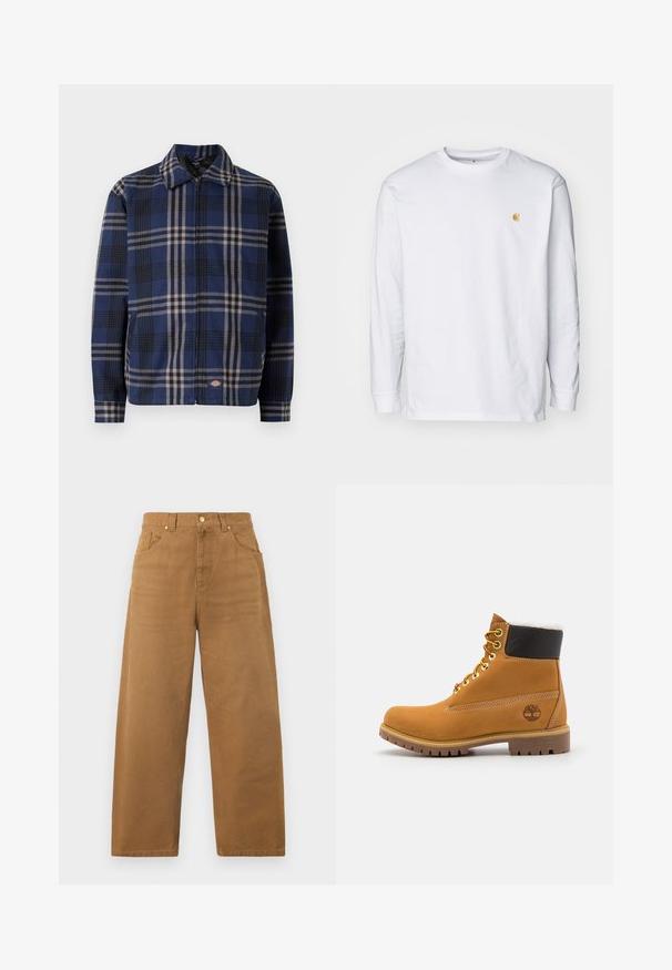 Rutet jakke i navy, sort og beige. Har krave, frontlynlås og elastiske manchetter med et logo på den nederste del.; Hvid langærmet t-shirt lavet af bomuld. Har et lille gyldent logo på brystet og en rund halsudskæring. Enkel design og standard pasform.; Brune bukser med lige ben, høj talje, bæltestropper, knaplukning samt lommer foran og bagpå, vist på ensfarvet hvid baggrund.; Brune læder ankelstøvle med metaløjer, hvid pelsforing, sort polstret krave, robust sål og præget logo på siden.