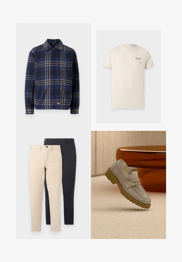 Rutet jakke i navy, sort og beige. Har krave, frontlynlås og elastiske manchetter med et logo på den nederste del.; Beige T-shirt med korte ærmer og rund hals med lille sort tekst "Paris Bistro" på venstre brystområde.; To par smalle bukser, den ene beige foran og den anden sort bagved, begge med knaplukning og bæltestropper.; Lysegrå ruskind loafers med chunky brun gummisål placeret på beige tæppe foran et sløret brunt rundt bord.