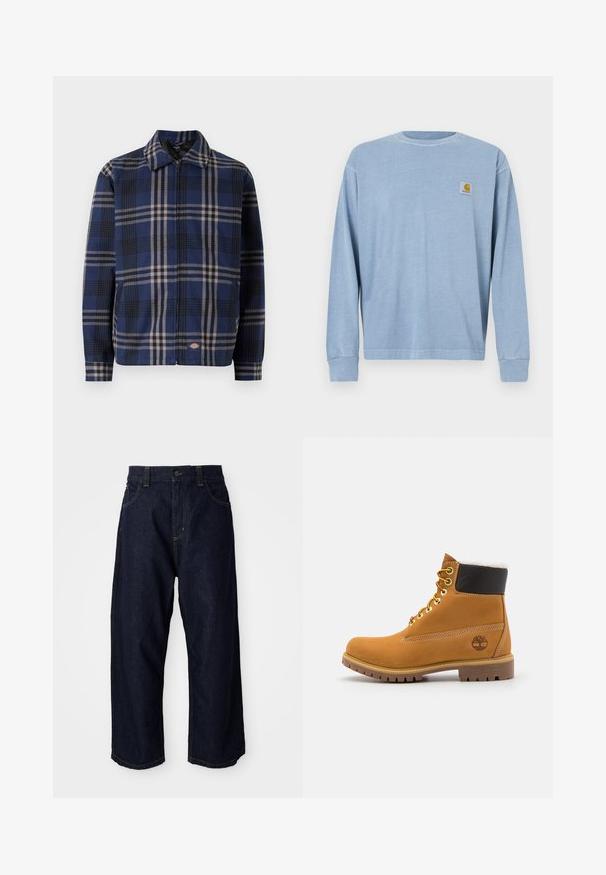 Chaqueta a cuadros en azul marino, negro y beige. Presenta un cuello con solapa, cremallera frontal y puños elásticos con un logo en el lado inferior.; Camisa de manga larga azul claro fabricada con tela suave, con cuello redondo, puños acanalados y un pequeño parche con logo en el pecho izquierdo.; Pantalones de mezclilla azul oscuro con un corte relajado, que cuentan con una cremallera de botón, trabillas para cinturón y costuras y bolsillos con pespuntes amarillos.; Botín de cuero marrón con ojales de metal, forro de piel sintética blanca, cuello acolchado negro, suela resistente y logotipo en relieve en el costado.