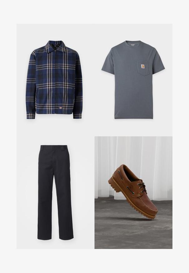 Rutet jakke i navy, sort og beige. Har krave, frontlynlås og elastiske manchetter med et logo på den nederste del.; Kortærmet grå t-shirt med en forlompe, der har et lille firkantet Carhartt-logo på brystet.; Sorte lige benbukser lavet af bomuldsblandet stof. Har en flad frontbetræk med bæltesløjfer og ingen synlig hardware eller udsmykninger.; Brun læder bådsko med sorte snørebånd, beige syninger og en robust sål, hængende over en grå betongulv.