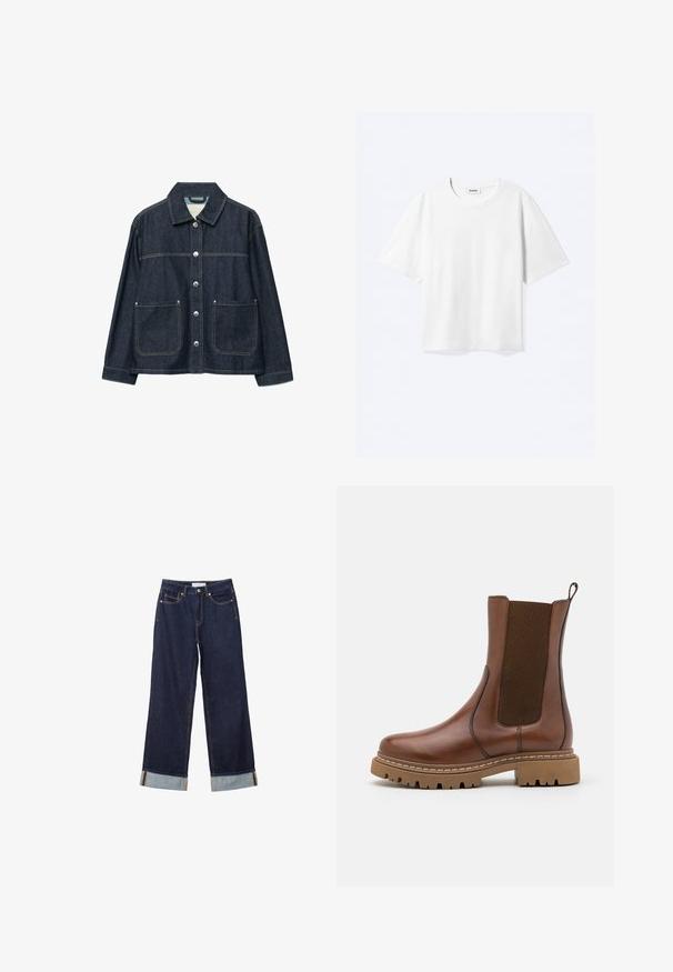 Veste en denim bleu foncé avec boutons-pression argentés sur le devant, deux poches plaquées à l'avant, et un col droit.; T-shirt blanc à manches courtes avec col rond et ourlet droit, étiquette de marque "WEEKDAY" à l’intérieur de l’encolure.; Jeans larges bleu foncé avec ourlets retroussés, poches avant et couture visible, étalés à plat sur un fond blanc.; Bottine en cuir marron avec des panneaux élastiques et une languette de tirage. Elle possède une semelle en caoutchouc épaisse et des détails de couture visibles le long des bords.