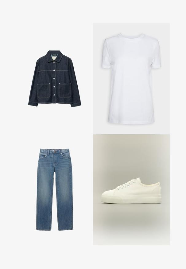 Veste en denim bleu foncé avec boutons-pression argentés sur le devant, deux poches plaquées à l'avant, et un col droit.; T-shirt blanc uni à manches courtes, col rond, coupe régulière, avec une petite étiquette à l’intérieur du col indiquant "SELECTED FEMME."; Jeans en denim bleu clair à coupe droite, avec cinq poches et des éléments en métal de couleur cuivrée. Le tissu présente une légère décoloration et une texture douce.; Baskets basses blanches en toile avec lacets à l'avant et semelle épaisse en caoutchouc texturée sur fond neutre.