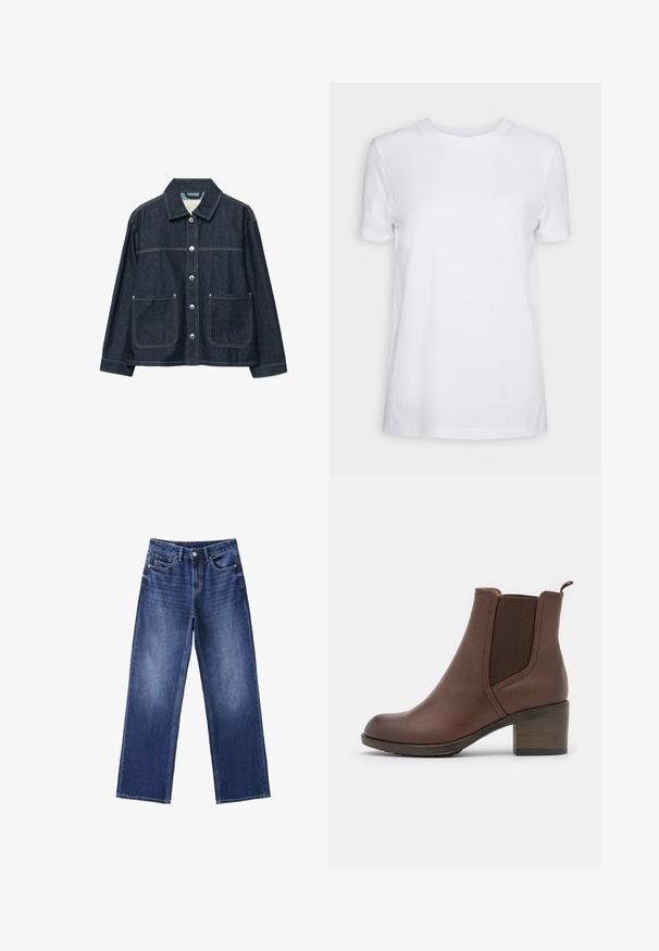 Veste en denim bleu foncé avec boutons-pression argentés sur le devant, deux poches plaquées à l'avant, et un col droit.; T-shirt blanc uni à manches courtes, col rond, coupe régulière, avec une petite étiquette à l’intérieur du col indiquant "SELECTED FEMME."; Jean en denim bleu à coupe droite avec poches avant et arrière, passants de ceinture et fermeture par bouton à la taille.; Bottine en cuir marron, avec une finition lisse, des panneaux latéraux élastiques, un bout arrondi et un talon en bois modéré.
