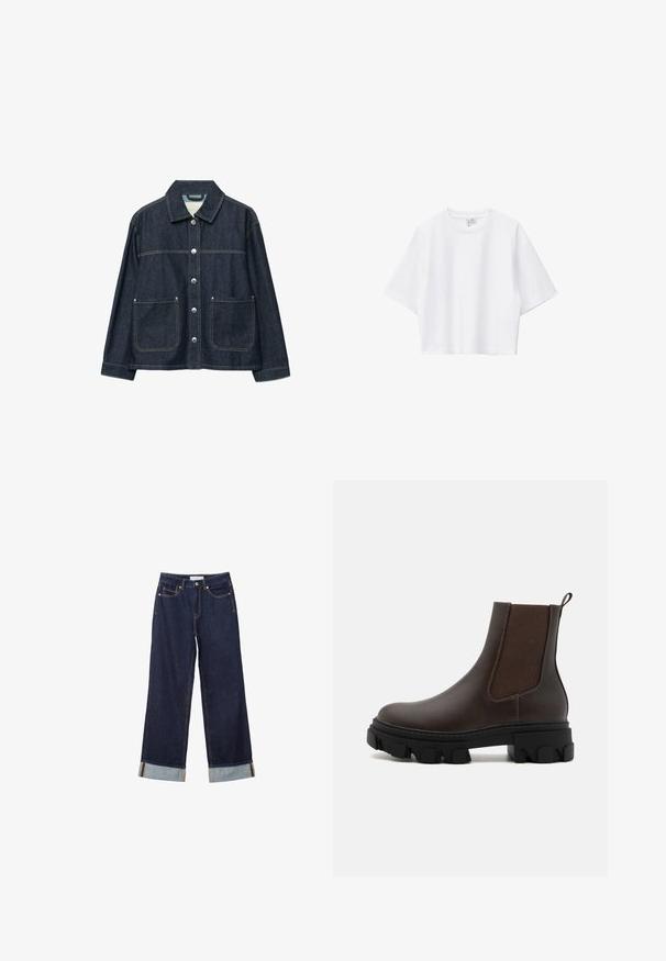 Veste en denim bleu foncé avec boutons-pression argentés sur le devant, deux poches plaquées à l'avant, et un col droit.; T-shirt blanc court en coton doux, avec col rond, manches courtes et coupe décontractée. Design simple et polyvalent.; Jeans larges bleu foncé avec ourlets retroussés, poches avant et couture visible, étalés à plat sur un fond blanc.; Bottines Chelsea en cuir marron avec des panneaux latéraux élastiques, des accents en tissu texturé, une épaisse semelle en caoutchouc noir et une languette à l'arrière.
