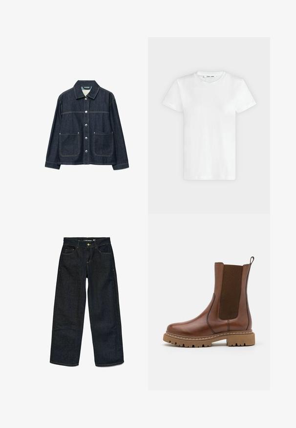 Veste en denim bleu foncé avec boutons-pression argentés sur le devant, deux poches plaquées à l'avant, et un col droit.; T-shirt blanc uni à manches courtes et col rond, posé à plat sur un fond gris clair, montrant le devant avec l'étiquette à l'intérieur du col.; Jean en denim large bleu foncé avec poches avant et poche à monnaie, surpiqûres jaunes contrastantes, fermeture à bouton et passants de ceinture.; Bottine en cuir marron avec des panneaux élastiques et une languette de tirage. Elle possède une semelle en caoutchouc épaisse et des détails de couture visibles le long des bords.