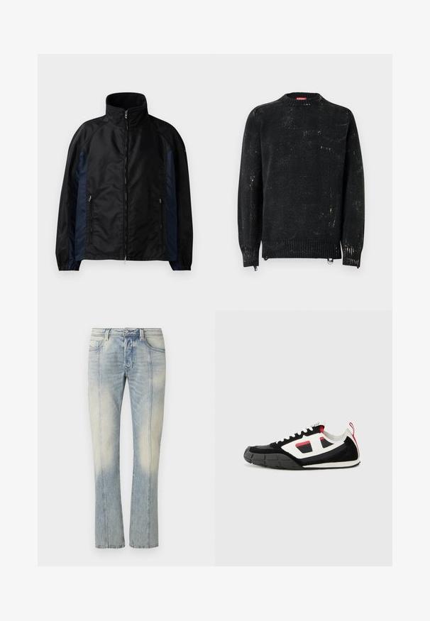Sort og marineblå vindjakke med højt krave, lynlås foran og sidelommer, elastiske manchetter og en glat tekstur.; Sort strikket sweater med rund hals, ribbede manchetter og kant. Har en slidte tekstur med lysere mærker. Sidelommer med lynlåse til justering.; Lyseblå denimjeans med lige ben, dobbelt syning, forlommer og en falmet finish. Ingen synlig mærkning.; Diesel S PAGODHA LOW - Sneakers - black