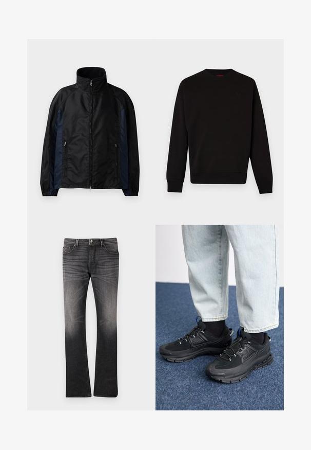 Schwarze und marineblaue Windbreaker-Jacke mit hohem Kragen, Reißverschluss vorne und seitlichen Taschen, elastischen Bündchen und einer glatten Textur.; Schwarzer Pullover aus weichem Stoff mit Rundhalsausschnitt, gerippten Bündchen und Saum sowie einem dezenten Logo auf der Brust.; Schwarze Jeans aus Denim mit einem leicht verblassten Muster. Eng anliegendes Design, gerade Beinform, Fünf-Taschen-Stil und Knopfverschluss an der Taille.; Schwarze Sportschuhe aus strukturiertem Stoff mit Gummisohlen, ausgestattet mit elastischen Schnürsenkeln und einem blauen Akzent an der Ferse. Getragen mit hellen Jeans.