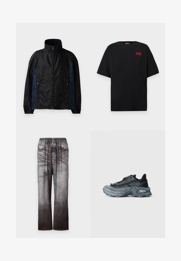 Schwarze und marineblaue Windbreaker-Jacke mit hohem Kragen, Reißverschluss vorne und seitlichen Taschen, elastischen Bündchen und einer glatten Textur.; Schwarzes T-Shirt aus Baumwolle, mit kurzen Ärmeln, rundem Ausschnitt und einem roten "DIESEL"-Logo auf der linken Brustseite.; Jeans mit einem verblassten Blau-zu-Grau-Gradient, elastischem Bund und seitlichen Taschen. Sie besitzen eine strukturierte Oberfläche mit subtilem Nähen.; Schwarz- und graue Diesel-Sneaker mit dicker Sohle, Schnürverschluss und strukturiertem Design auf einem schlichten hellgrauen Hintergrund.