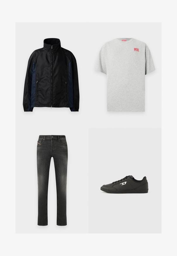 Schwarze und marineblaue Windbreaker-Jacke mit hohem Kragen, Reißverschluss vorne und seitlichen Taschen, elastischen Bündchen und einer glatten Textur.; Graues Baumwoll-T-Shirt mit rundem Ausschnitt und kurzen Ärmeln. Mit einem kleinen roten "DIESEL"-Logo auf der Brust. Glatte Textur.; Dunkelgraue Jeans mit normaler Passform, Fünf-Taschen-Design, leichter Verwaschung und feiner strukturierter Oberfläche. Metallknopfverschluss an der Taille.; Schwarze Sneakers aus synthetischem Material mit einer strukturierten schwarzen Sohle, rundem Zehenbereich und flachen schwarzen Schnürsenkeln. Auffälliges weißes Logo auf der Außenseite.