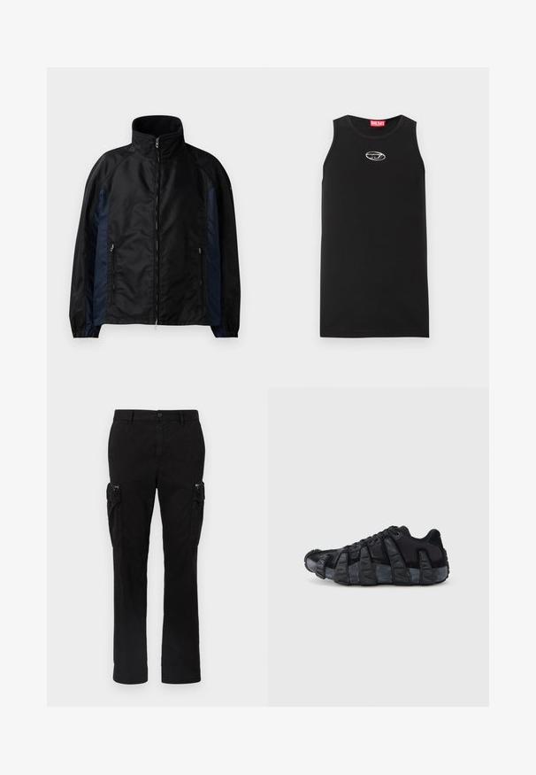 Schwarze und marineblaue Windbreaker-Jacke mit hohem Kragen, Reißverschluss vorne und seitlichen Taschen, elastischen Bündchen und einer glatten Textur.; Schwarzes ärmelloses Tanktop aus Baumwolle. Verfügt über einen runden Halsausschnitt und ein kleines weißes Diesel-Logo auf der Brust. Glatte Textur.; Schwarze Cargo-Hose aus Baumwolle mit zwei seitlichen Taschen, geradem Bein und sichtbaren Nähten an den Säumen.; Schwarzer Sneaker mit übertriebener gerippter Sohle, Schnürdesign und Obermaterial aus gemischtem Textil und Wildleder, von der Außenseite vor weißem Hintergrund gezeigt.