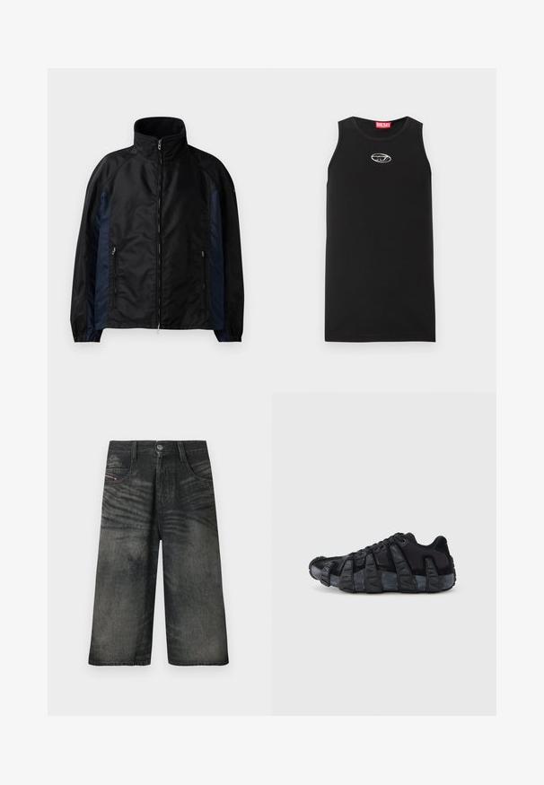 Zwarte en marineblauwe windbreaker jacket met hoge kraag, ritssluiting aan de voorkant, zijzakken, elastische manchetten en een gladde textuur.; Zwarte mouwloze tanktop van katoen. Heeft een ronde halslijn en een klein wit Diesel-logo op de borst. Gladde textuur.; Zwarte wijd uitlopende denim shorts met knopen aan de voorkant, ritssluiting, riemlussen en vervaagde textuurdetails.; Zwarte sneaker met een opvallende geribbelde zool, veterontwerp en een bovenwerk van gemengd textiel en suède, weergegeven vanaf de buitenkant op een witte achtergrond.