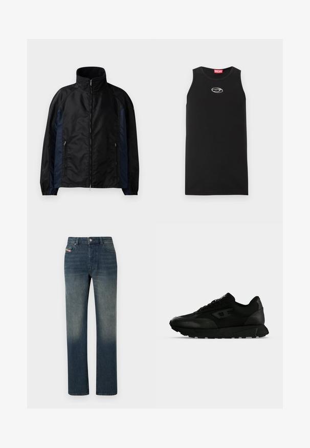 Schwarze und marineblaue Windbreaker-Jacke mit hohem Kragen, Reißverschluss vorne und seitlichen Taschen, elastischen Bündchen und einer glatten Textur.; Schwarzes ärmelloses Tanktop aus Baumwolle. Verfügt über einen runden Halsausschnitt und ein kleines weißes Diesel-Logo auf der Brust. Glatte Textur.; Blaue Jeans mit geradem Bein, verwaschenem Look, Vorderseite mit Knopf- und Reißverschluss sowie Fünf-Taschen-Design.; Schwarzer Low-Top-Sneaker mit strukturiertem Leder und Stoffpaneelen, Schnürverschluss und dicker Gummisohle auf einfachem hellem Hintergrund.