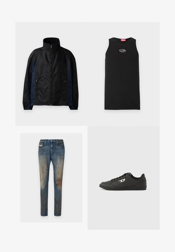 Chaqueta cortavientos en negro y azul marino con un alto cuello, cierre frontal con cremallera y bolsillos laterales, puños elásticos y una textura suave.; Camiseta sin mangas negra hecha de algodón. Presenta un escote redondo y un pequeño logo blanco de Diesel en el pecho. Textura suave.; Pantalones vaqueros de mezclilla azul con un corte slim, desvanecido ligero, parches desgastados y un diseño clásico de cinco bolsillos que incluye una pequeña etiqueta con el logo.; Zapatillas deportivas negras sintéticas con suela negra texturizada, puntera redonda y cordones planos negros. Destaca un logo blanco en el lateral exterior.