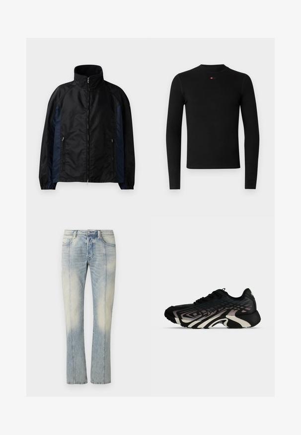Schwarze und marineblaue Windbreaker-Jacke mit hohem Kragen, Reißverschluss vorne und seitlichen Taschen, elastischen Bündchen und einer glatten Textur.; Schwarzes Langarmshirt mit rundem Ausschnitt, gerippter Textur und kleinem rotem Logo auf der Brust. Einfaches und figurbetontes Design.; Hellblaue Jeans aus Denim mit geradem Bein, doppelt abgesteppten Nähten, Fronttaschen und einem verwaschenen Finish. Kein sichtbares Markenzeichen.; Schwarzer und grauer Sportschuh mit geschichteten geometrischen Mustern und dicker, geformter Sohle, von der Seite vor weißem Hintergrund gezeigt.