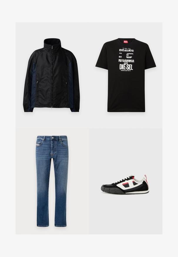 Schwarze und marineblaue Windbreaker-Jacke mit hohem Kragen, Reißverschluss vorne und seitlichen Taschen, elastischen Bündchen und einer glatten Textur.; Schwarzes Baumwoll-T-Shirt mit kräftigen weißen Textgrafiken, darunter "DIESEL" und "INDUSTRY", mit rundem Halsausschnitt und kurzen Ärmeln.; Dunkelblaue Jeans aus Denim mit geradem Schnitt, fünf Taschen und Knopfverschluss. Mit hellen Verwaschungen und Ziernähten versehen.; Diesel S PAGODHA LOW - Sneaker low - black