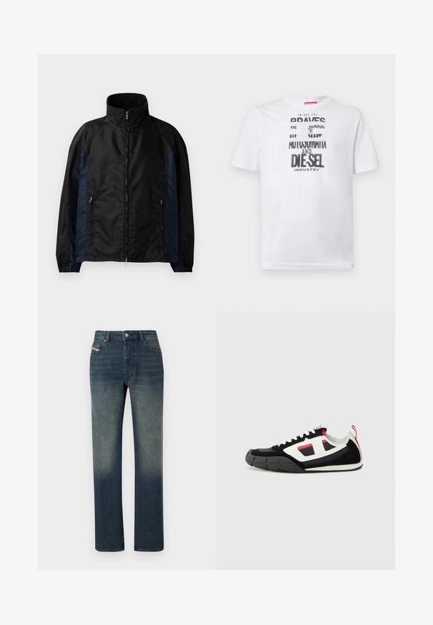 Veste coupe-vent noire et marine avec un col haut, une fermeture éclair sur le devant, des poches latérales, des poignets élastiques et une texture lisse.; T-shirt en coton blanc avec une typographie noire audacieuse affichant les mots "BRAVES" et "DIE-SEL INDUSTRY" ainsi qu'un design découpé semi-transparent.; Jean en denim bleu à jambe droite avec lavage délavé, fermeture avant par bouton et fermeture éclair, et design à cinq poches.; Diesel S PAGODHA LOW - Baskets basses - black