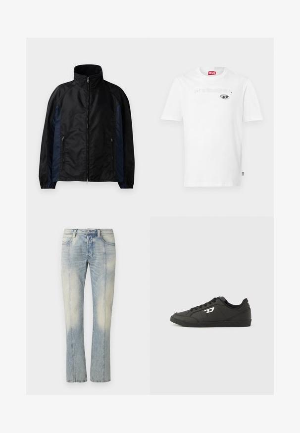 Veste coupe-vent noire et marine avec un col haut, une fermeture éclair sur le devant, des poches latérales, des poignets élastiques et une texture lisse.; T-shirt en coton blanc à col rond et manches courtes, avec un motif imprimé noir et le nom de la marque "DIESEL" centré au-dessus d'un dessin d'œil.; Jean en denim bleu clair avec une coupe droite, couture double, poches avant et finition délavée. Aucun logo visible.; Baskets synthétiques noires avec une semelle noire texturée, un bout rond et des lacets plats noirs. Logo blanc remarquablement placé sur le côté extérieur.