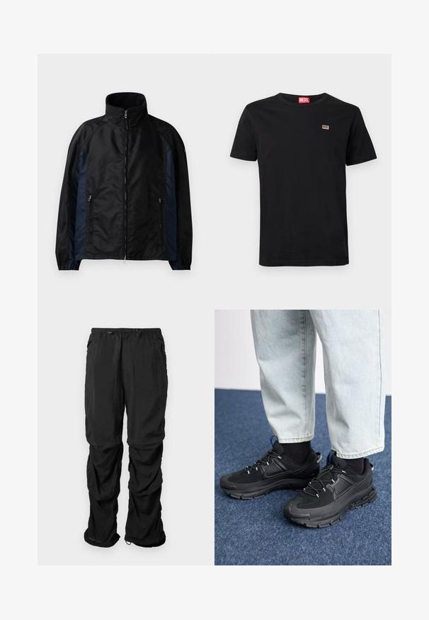 Zwarte en marineblauwe windbreaker jacket met hoge kraag, ritssluiting aan de voorkant, zijzakken, elastische manchetten en een gladde textuur.; Zwart T-shirt met korte mouwen van katoen met een ronde hals. Heeft een klein geborduurd logo op de linkerborst.; Zwarte utilitybroek van lichtgewicht stof met een elastische tailleband, verstelbare trekkoorden en zijzakken in een relaxte pasvorm.; Zwarte sportschoenen met gestructureerde stof en rubberen zolen, met elastische veters en een blauwe accent op de hiel. Draag samen met lichte spijkerbroeken.