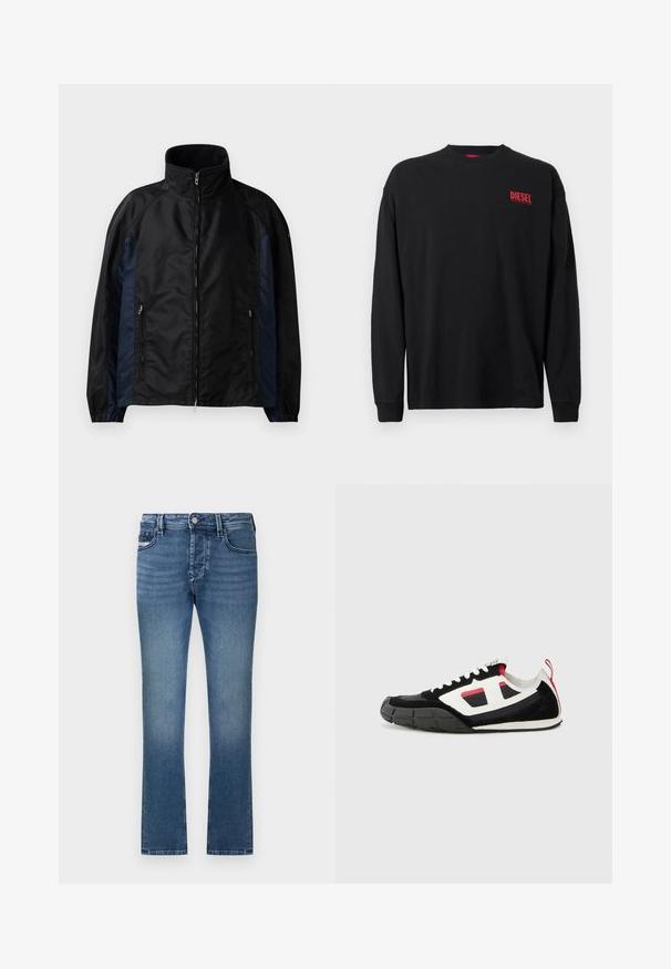Veste coupe-vent noire et marine avec un col haut, une fermeture éclair sur le devant, des poches latérales, des poignets élastiques et une texture lisse.; T-shirt noir à manches longues en coton avec un col rond. Présente un petit logo "DIESEL" rouge sur le côté gauche de la poitrine. Coupe régulière.; Jean en denim bleu avec une coupe droite, un design à cinq poches et une finition délavée. Dispose d'une ceinture à passants et d'une fermeture à bouton métallique.; Diesel S PAGODHA LOW - Baskets basses - black