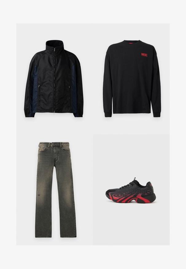 Chaqueta cortavientos en negro y azul marino con un alto cuello, cierre frontal con cremallera y bolsillos laterales, puños elásticos y una textura suave.; Camiseta negra de manga larga en algodón con cuello redondo. Presenta un pequeño logo rojo "DIESEL" en el área del pecho izquierdo. Corte regular.; Vaqueros de mezclilla gris con un corte holgado, con cierre de botón, sutil desgaste y rasgaduras cerca de la rodilla. Diseño de cinco bolsillos.; Zapatilla deportiva negra y roja con parte superior texturizada con detalles en patrón, cierre de cordones y suela gruesa de goma.