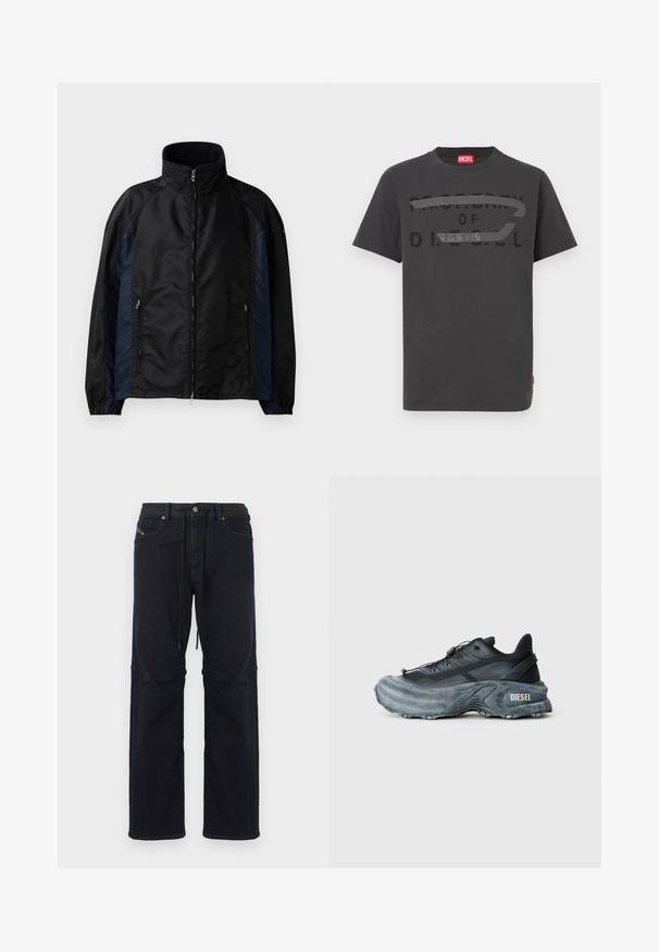 Schwarze und marineblaue Windbreaker-Jacke mit hohem Kragen, Reißverschluss vorne und seitlichen Taschen, elastischen Bündchen und einer glatten Textur.; Graues Baumwoll-T-Shirt mit fettem schwarzem Text "PROPERTY OF D.I.E.S.E.L.", glatter Textur und kurzen Ärmeln.; Dunkel marineblaue Jeans mit lockerem Schnitt, ausgestattet mit einem Tunnelzugbund, fünf Taschen und dezenten kontrastierenden Nähten.; Schwarz- und graue Diesel-Sneaker mit dicker Sohle, Schnürverschluss und strukturiertem Design auf einem schlichten hellgrauen Hintergrund.