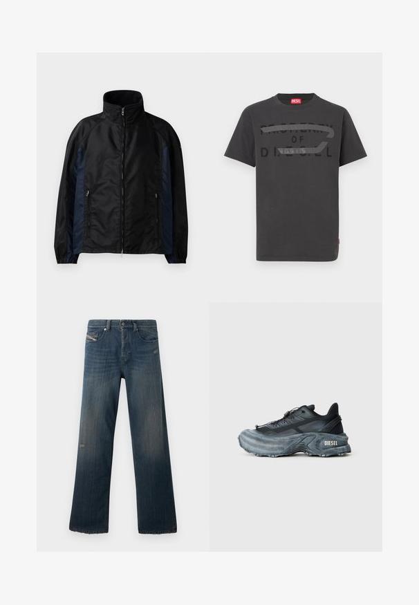 Schwarze und marineblaue Windbreaker-Jacke mit hohem Kragen, Reißverschluss vorne und seitlichen Taschen, elastischen Bündchen und einer glatten Textur.; Graues Baumwoll-T-Shirt mit fettem schwarzem Text "PROPERTY OF D.I.E.S.E.L.", glatter Textur und kurzen Ärmeln.; Blaue Jeans aus Denim mit einem geraden Bein, verblasster Textur, fransigem Saum und abgenutzten Details an der vorderen Tasche und im Oberschenkelbereich.; Schwarz- und graue Diesel-Sneaker mit dicker Sohle, Schnürverschluss und strukturiertem Design auf einem schlichten hellgrauen Hintergrund.