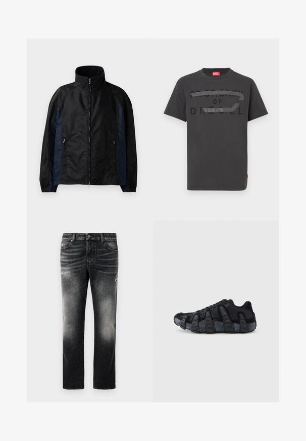 Sort og marineblå vindjakke med højt krave, lynlås foran og sidelommer, elastiske manchetter og en glat tekstur.; Grå bomulds-T-shirt med fed sort tekst, der lyder "PROPERTY OF D.I.E.S.E.L.", med en glat tekstur og korte ærmer.; Sorte jeans med en falmet finish og slidte detaljer, standard fem-pockets design og lynlås. Lavet af denim stof.; Sort sneaker med overdreven ribbet sål, snørelukning og øvre del i blandet tekstil og ruskind, vist fra ydersiden mod en hvid baggrund.