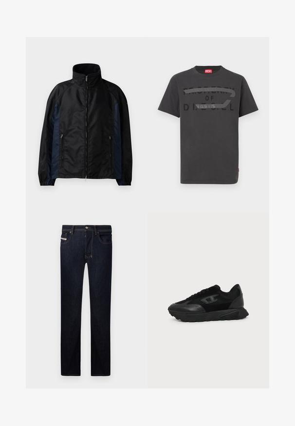Chaqueta cortavientos en negro y azul marino con un alto cuello, cierre frontal con cremallera y bolsillos laterales, puños elásticos y una textura suave.; Camiseta de algodón gris con texto negro en negrita que dice "PROPIEDAD DE D.I.E.S.E.L.", textura suave y mangas cortas.; Pantalones vaqueros de mezclilla azul oscuro con corte recto, que cuentan con cinco bolsillos, costuras en contraste y cierre de botón metálico.; Diesel S-TAME D-UP - Zapatillas - h1669
