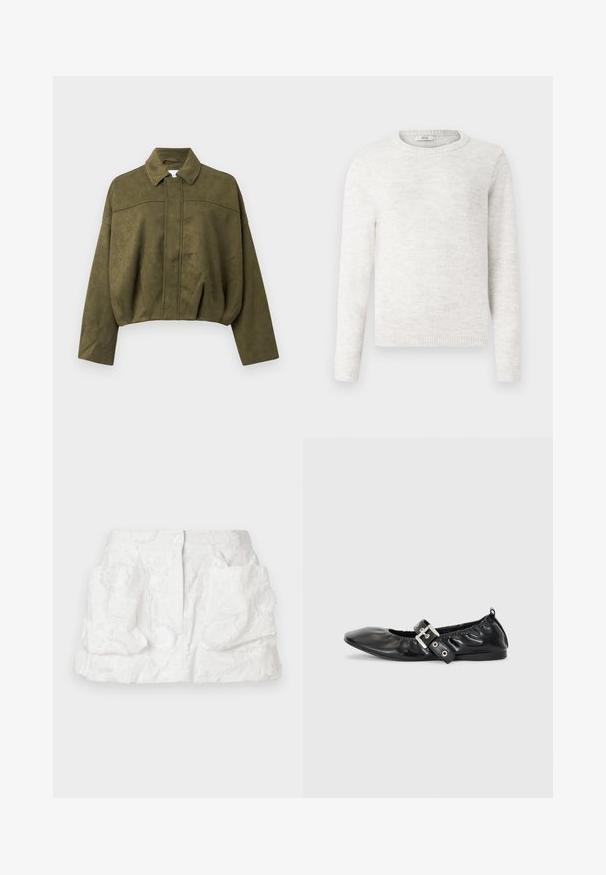 Veste cropped vert olive en matériau doux semblable à du daim. Caractéristiques : col montant, fermeture éclair avant et manches larges et amples.; Un pull-over blanc doux à col rond avec de longues manches et des poignets, un ourlet et un col en côtes, présenté sur un fond uni.; Jupe blanche brodée avec fermeture à boutons, ornée de motifs floraux et de deux grandes poches à l'avant, confectionnée en tissu léger.; Chaussure plate en cuir noir avec un nez pointu, des détails froncés autour de l'ouverture et un accent en boucle argentée sur la bride ajustable.