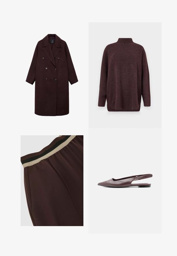 Burgundská vlnená dvojradová bunda s klopami, šiestimi okrúhlymi gombíkmi a dlhými rukávmi; mäkká textúra, strihaný silueta.; Vero Moda Knitted VMPLAZA Knitted - Svetrík - wine tasting; Bordové nohavice z mäkkého materiálu s elastickým pásom v čiernych a béžových pruhoch a skladaným dizajnom pre väčšiu textúru.; Bordová plochá obuv so špičatou špičkou, otvorenou pätou, nízkym podpätkom a nastaviteľným remienkom na bielom pozadí.