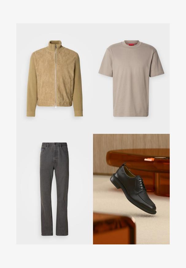 Veste beige avec un corps en daim lisse et des manches en tricot texturé, col montant, fermeture zippée à l'avant et poches latérales.; T-shirt beige à manches courtes et col rond avec un logo "HUGO" subtilement embossé sur la poitrine et une étiquette rouge à l'intérieur de l'encolure.; Jeans en denim gris avec une coupe droite, dotés de poches avant, d'une fermeture à bouton et d'une texture subtile.; Chaussure habillée noire en cuir à lacets avec devant texturé, flottant au-dessus d'un tapis beige dans une pièce moderne avec des meubles teintés d'ambre.