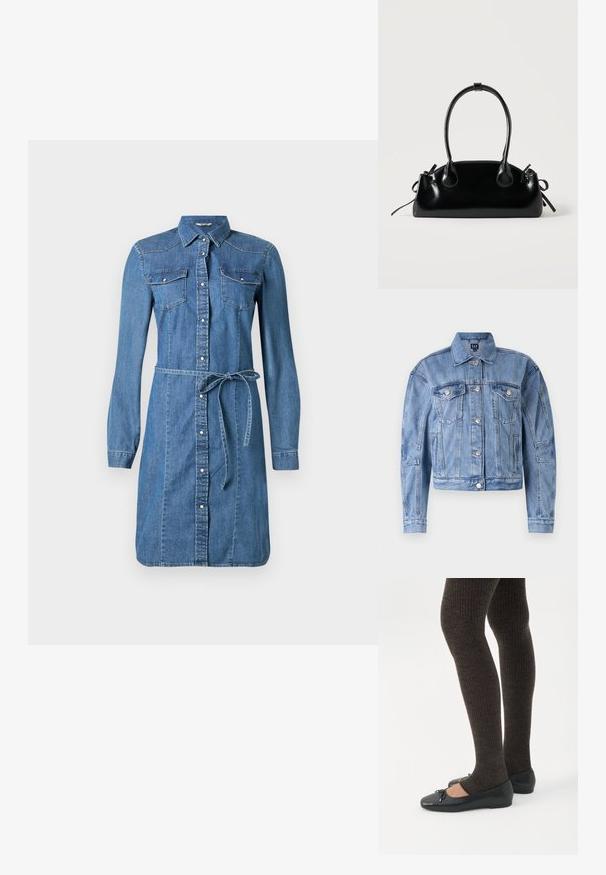 Veste en denim bleu clair au design court, avec des poches poitrine, des boutons argentés et des accents cousus sur les manches et le corps. Style de col classique.; Robe chemise en denim, bleu clair, manches longues, devant à boutons, deux poches poitrine, ceinture amovible, avec ourlet arrondi et accents de couture.; Jambes portant des leggings côtelés foncés associés à des ballerines noires avec de petits détails en nœud sur fond blanc.; Petit sac à main noir brillant avec deux longues anses et des détails à cordon sur les côtés sur un fond clair uni.