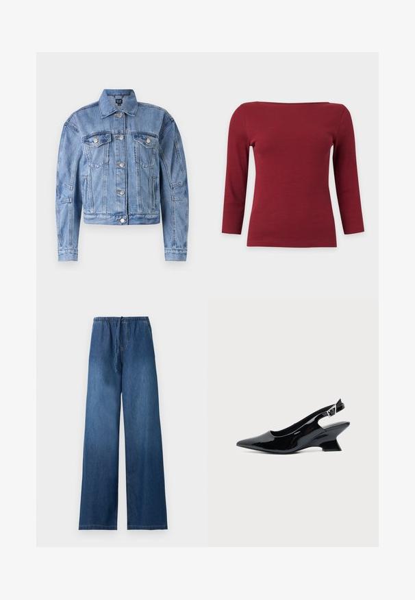 Veste en denim bleu clair au design court, avec des poches poitrine, des boutons argentés et des accents cousus sur les manches et le corps. Style de col classique.; Haut à manches longues côtelé rouge foncé uni avec un large col bateau et une silhouette ajustée sur fond gris clair.; Pantalon large en denim bleu avec ceinture élastique et cordon de serrage, sans poches visibles ni ornements, présenté sur un fond uni.; Chaussure slingback en cuir verni noir avec bout pointu et petit talon bloc incliné sur fond clair uni.