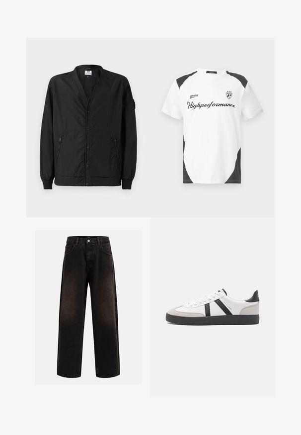 Veste noire légère avec une fermeture à boutons, des poignets côtelés et deux poches latérales zippées. Elle présente une coupe décontractée et une texture lisse.; T-shirt blanche à manches courtes avec des accents noirs. Présente le logo "REPLAY FC" et le texte "Highperformance" dans une police sportive. Fabriquée à partir d'un matériau lisse.; Jeans en denim noir avec une coupe décontractée, comprenant des passants de ceinture, un design à cinq poches et une fermeture à bouton. Tissu texturé avec un léger effet de décoloration.; Baskets blanches avec des accents noirs et gris, présentant un embout texturé gris, une semelle en caoutchouc noir et des lacets plats blancs. Design épuré, style minimaliste.