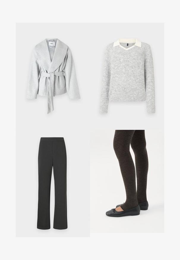 Grå indpakningsfrakke med en stor revers, lange ærmer og et bindebælte i taljen; lavet af et blødt, struktureret stof.; Lys grå strikket sweater med lange ærmer og detaljer med hvid V-halskrave, ribbet kant og manchetter, vist på hvid baggrund.; Sorte stribede bukser med lige ben, der har en elastisk talje og et glat, struktureret stof.; Ben iført mørke ribbede leggings kombineret med sorte balletsko med små sløjfedetaljer på hvid baggrund.