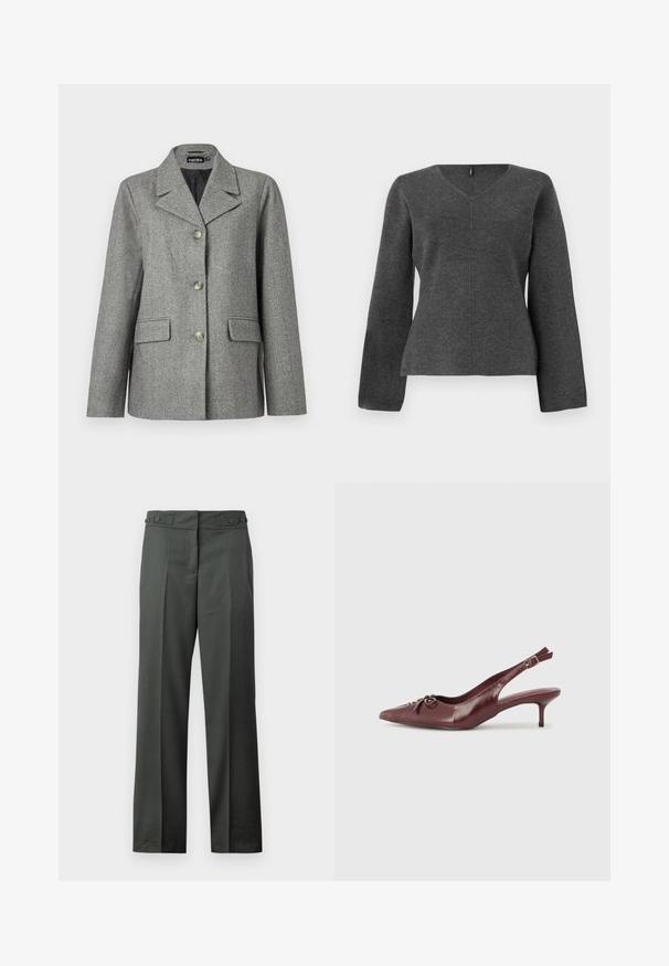 Grå hørblazer med skrå krave, tre-knap lukning, to forlommer og en struktureret pasform. Glat stof og skræddersyet design.; Grå strikket langærmet top med V-hals, der har en tætsiddende silhuet og sømdetaljer ned langs midten. Blød tekstur uden pynt.; Mørkegrå bukser med lige ben, frontfolder og justerbar sidespænde ved taljen mod en hvid baggrund.; Bordeaux læder slingback hæl med spidse tå, justerbar rem og dekorativ sløjfedetalje foran. 7,5 cm hælhøjde.