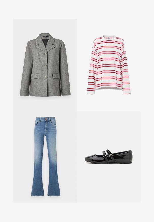 Blazer en chevrons gris avec col cranté, fermeture à trois boutons, deux poches avant et coupe structurée. Tissu lisse et design ajusté.; Chemise blanche à manches longues avec des rayures horizontales rouges et rose clair, col rond et coupe décontractée.; Jeans en denim bleu taille haute avec une légère décoloration sur les cuisses et des jambes larges évasées, dotés de poches avant et d'une fermeture à double bouton.; Chaussures en cuir verni noir avec un bout carré, dotées de deux brides réglables à boucle sur le coup de pied et d'une semelle plate et discrète.