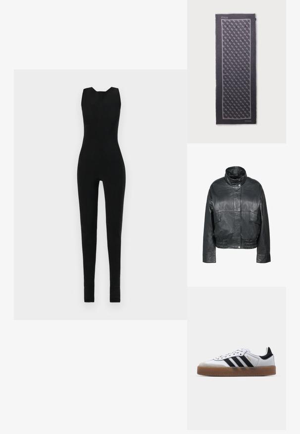 Freaky Nation BESSI - Lederjacke - black; Schwarzer Jumpsuit mit ärmellosem Design, runder Halslinie und schmal geschnittenen Beinen. Das Material scheint glatt und dehnbar zu sein, ohne zusätzliche Details.; Weiße Leder Sneakers mit schwarzen Streifen, Gummigummi-Außensohle, runder Zehenform, Schnürverschluss und weichem grauem Wildleder-Zehenkappe.; Rechteckiger dunkelgrauer Schal mit einem hellgrauen, sich wiederholenden Logo-Muster und "GUESS" Schriftzug in zwei Ecken auf weißem Hintergrund.
