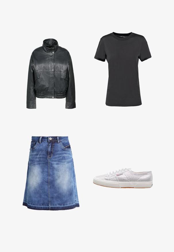 Freaky Nation BESSI - Lederjacke - black; Schwarzes T-Shirt mit kurzen Ärmeln aus glattem Stoff. Verfügt über einen Rundhalsausschnitt ohne sichtbare Muster oder Akzente und bietet ein einfaches Design.; Denimrock in hellem bis dunklem Blau mit geradem Schnitt, vorderen Taschen und silbernen Akzentnieten an der Ta pocket.; Silberne Glitzer-Sneaker mit einer weißen Gummisohle, runder Zehenpartie, Schnürdesign und einem Logo-Patch an der Seite.