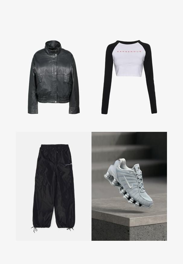 Freaky Nation BESSI - Lederjacke - black; Baumwoll-Crop-Top mit langen schwarzen Ärmeln und einem weißen Körper. Mit dem Wort "DANGEROUS" in Rot auf der Brust bedruckt.; Schwarze Cargo-Hosen aus glänzendem Nylon mit elastischem Bund, verstellbarem Kordelzug, Seitentaschen und elastischen Bundabschlüssen.; Hellgrauer Nike Laufschuh mit gepolsterter, federartiger Sohle, der über einem Betonsims schwebt, verschwommener Treppenhintergrund.