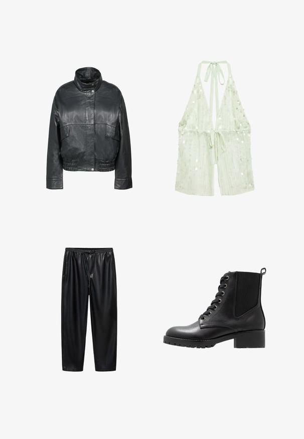 Freaky Nation BESSI - Lederjacke - black; Hellgrünes Pailletten-Haltertop mit tiefem V-Ausschnitt, offenem Rücken und zwei Bindebändern am Nacken und an der Taille. Der Stoff ist halbtransparent und locker geschnitten.; Schwarze, glänzende, synthetische Hose mit elastischem Bund und Kordelzug. Verfügt über eine verkürzte Länge und zwei Seitentaschen. Glatte Textur.; Schwarze Lederknöchelschuhe mit elastischen Seitenpanelen, runder Zehenpartie und blockierendem Absatz. Verfügt über metallische Ösen und Schnürsenkel für einen sicheren Sitz.