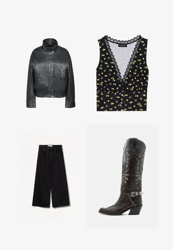 Freaky Nation BESSI - Lederjacke - black; Schwarzes Oberteil mit gelbem Blumenmuster, Spitzendetails am Ausschnitt, Knopfverschluss vorne und taillierter Passform. Weicher Stoff mit leichtem Stretch.; Schwarze weit geschnittene Jeans aus Denim. Mit hoher Taille, Vorder- und Gesäßtaschen sowie silberfarbener Hardware an der Knopf- und Reißverschlussöffnung.; Schwarzer Leder-Cowboystiefel mit dekorativen Ausschnitten, silberner Schnalle und schräger Ferse, auf weißem Hintergrund dargestellt.