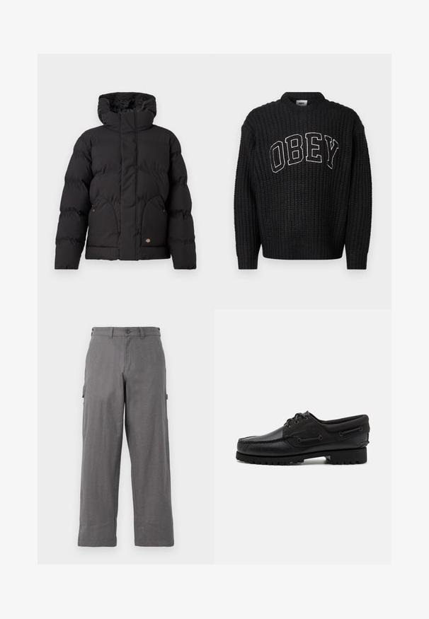 Schwarze Puffjacke mit hohem Kragen, ausgestattet mit einem Reißverschluss vorne, zwei seitlichen Taschen und einem logobezogenen Akzent auf der unteren Vorderseite. Weicher, gesteppten Textur.; Schwarzer gestrickter Pullover mit rundem Ausschnitt, mit "OBEY" in weißer Stickerei auf der Brust. Durchgängiges strukturiertes Muster.; Graue Cargo-Hosen mit geradem Bein-Design, aus strapazierfähigem Stoff. Mit Seitentaschen und einem Knopfverschluss an der Taille.; Schwarzer Schuh mit einem Obermaterial aus Leder, textilen Akzenten, runden Schnürsenkeln und einer strukturierten Gummisohle. Verfügt über Mokassin-Nähte und eine Markeninschrift.