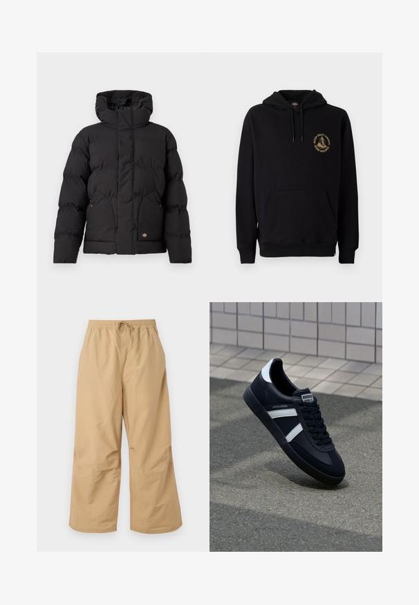 Zwarte pufferjack met een hoge kraag, voorzien van een ritssluiting aan de voorkant, twee zijzakken en een logo-accent op de onderkant van de voorkant. Zachte, gewatteerde textuur.; Zwarte hoodie met een kangoeroezak, trekkoorden en een gouden grafisch logo op de linkerborst. Gemaakt van zachte, gestructureerde stof.; Beige wijde broek gemaakt van lichtgewicht stof, met een elastische tailleband en een trekkoord, en gestikte accenten nabij de zoom.; Zwarte leren sneaker met witte strepen, een gestructureerde rubberen zool en vetersluiting aan de voorkant. Voorzien van een merklabel op de tong.