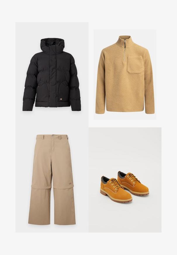 Schwarze Puffjacke mit hohem Kragen, ausgestattet mit einem Reißverschluss vorne, zwei seitlichen Taschen und einem logobezogenen Akzent auf der unteren Vorderseite. Weicher, gesteppten Textur.; Beiger Fleece-Pullover mit hohem Kragen, halbem Reißverschluss an der Vorderseite und einer Brusttasche. Strukturierter Stoff mit weichem, gemütlichem Aussehen.; Beige Cargo-Hose zum Wenden mit abnehmbaren unteren Hosenbeinen, Gürtelschlaufen, Seitentaschen und Knopfverschluss, dargestellt vor weißem Hintergrund.; Braune Wildlederschuhe mit einer runden Zehenpartie, gelben Schnürsenkeln, einem gepolsterten schwarzen Kragen und Gummisohlen mit Rillen für besseren Halt.